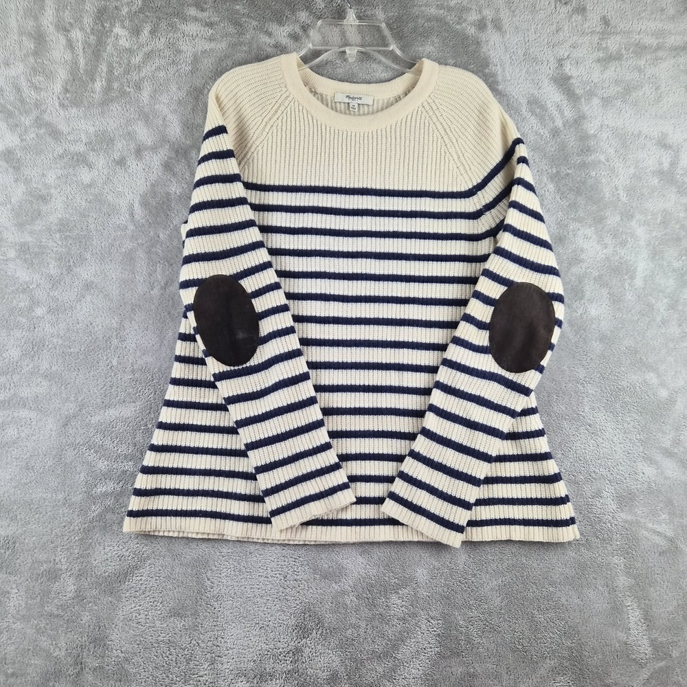 Madewell Sweater Medium Cream Navy Striped 100% Merino Wool Leather Elbow Patch